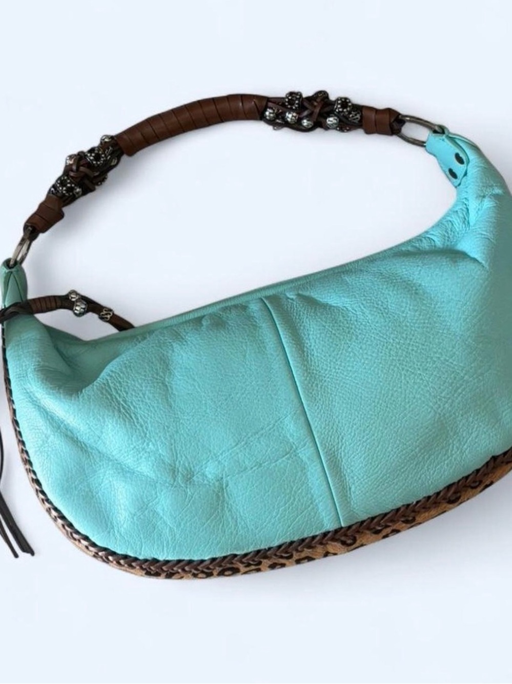 Beverly Feldman Turquoise Shoulder Bag with Leopard Braided Trim